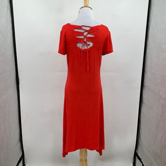 Chicos Tee Dress Womens 0 Red Essential Short Sleeves Lace Up Back Jersey Midi - Picture 5 of 13